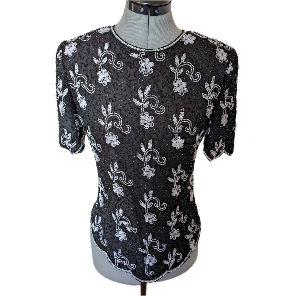 Vintage 80s Lawrence Kazar Art Deco Beaded Sequined 100% Silk Evening Top Sz. XS